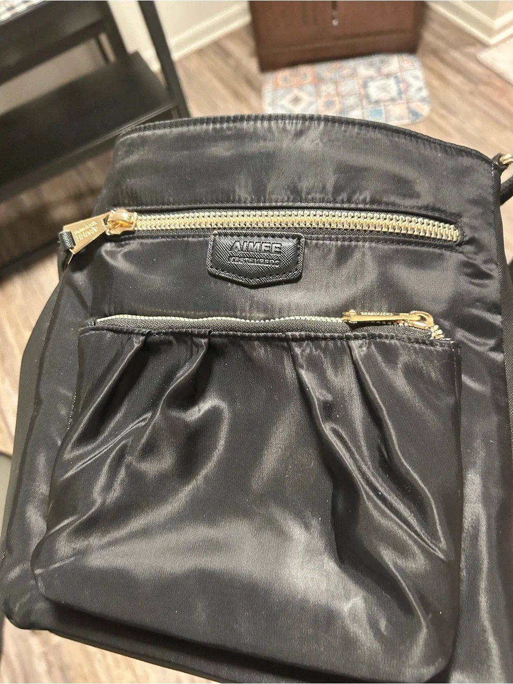 Aimee Kestenberg Black Crossbody Should Bag with Front Zip Pocket & Leather Trim